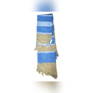 NWT Anthropologie Golden Yellow White Blue Striped Plaid Fringe Blanket Scarf OS